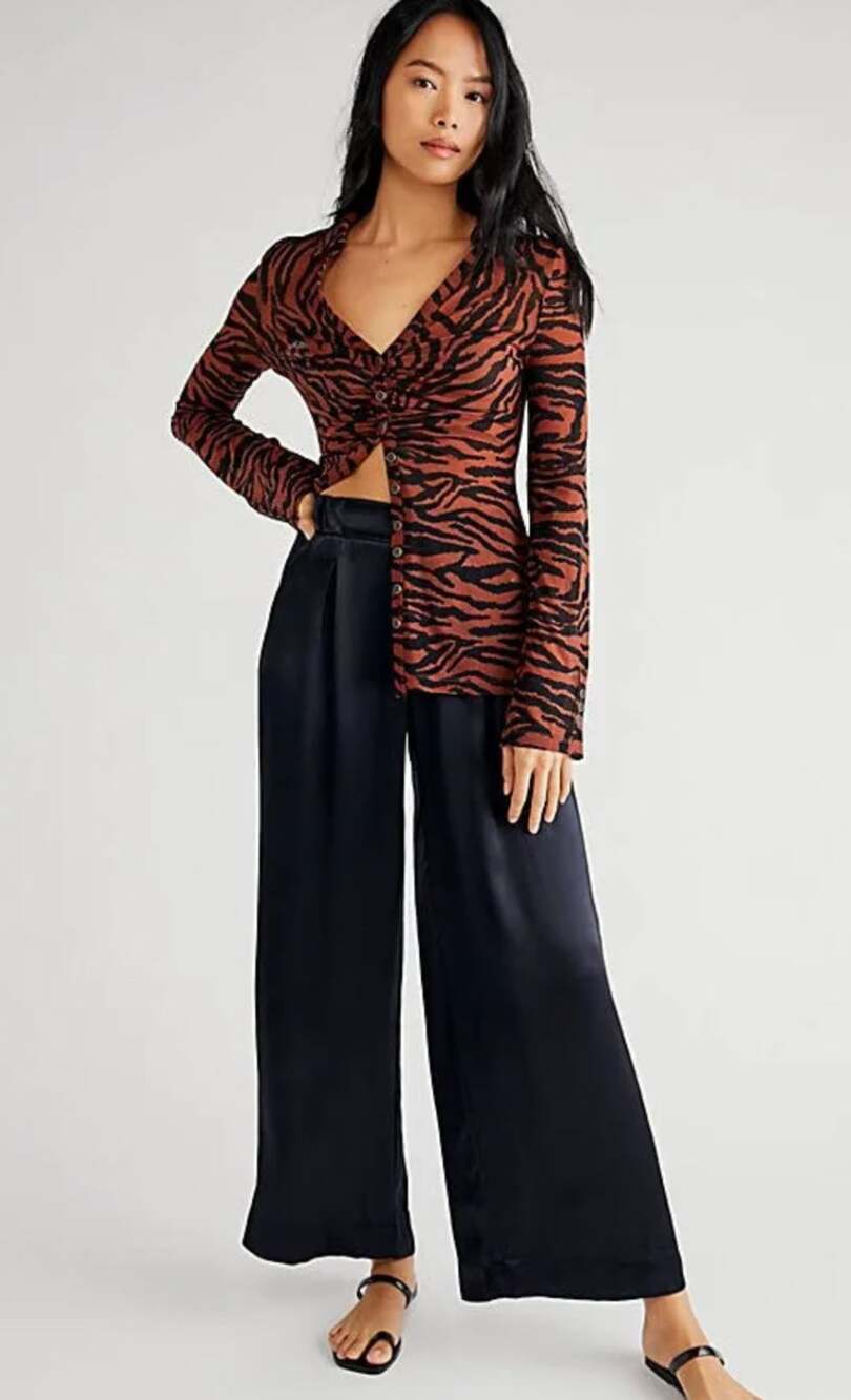Free People Size 4 Black Wide Leg Trousers Satin